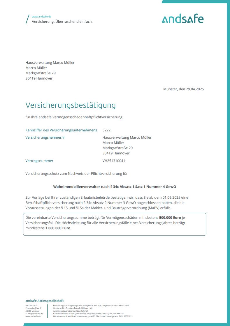 Nachweis Vermögensschadenhaftpflicht