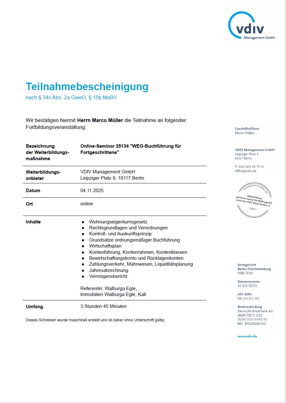 Online-Seminar 25134 - WEG-Buchführung für Fortgeschrittene