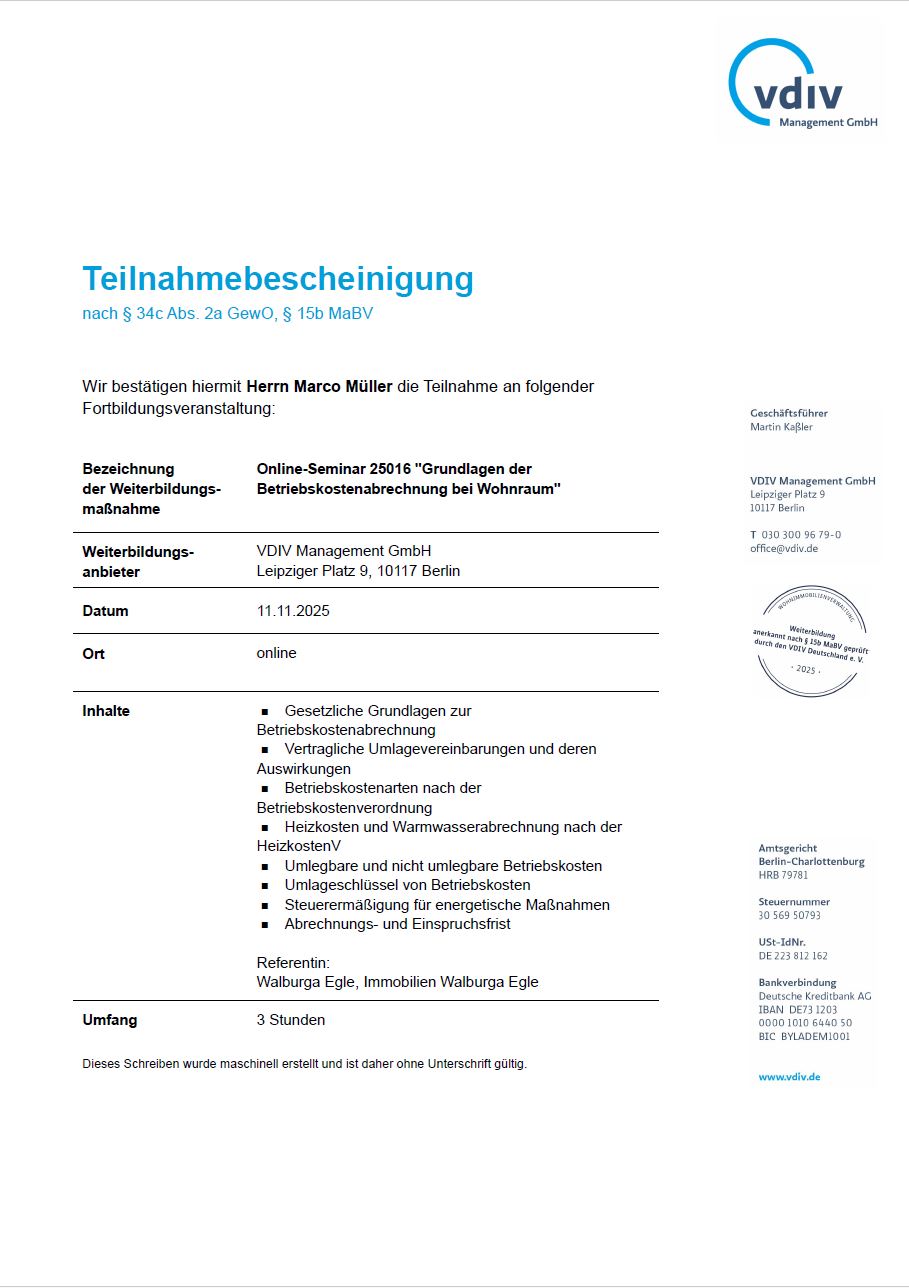 Online-Seminar 25016 - Grundlagen der Betriebskostenabrechnung bei Wohnraum