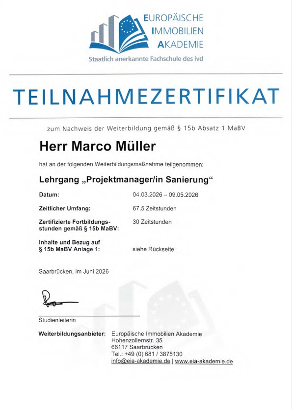 Projektmanager/in Sanierung Zertifikat nach§15 Absatz 1 MaBV