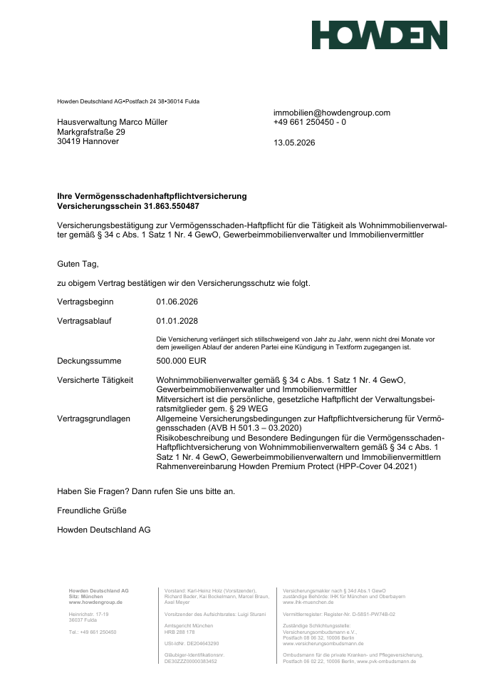 Nachweis Vermögensschadenhaftpflicht