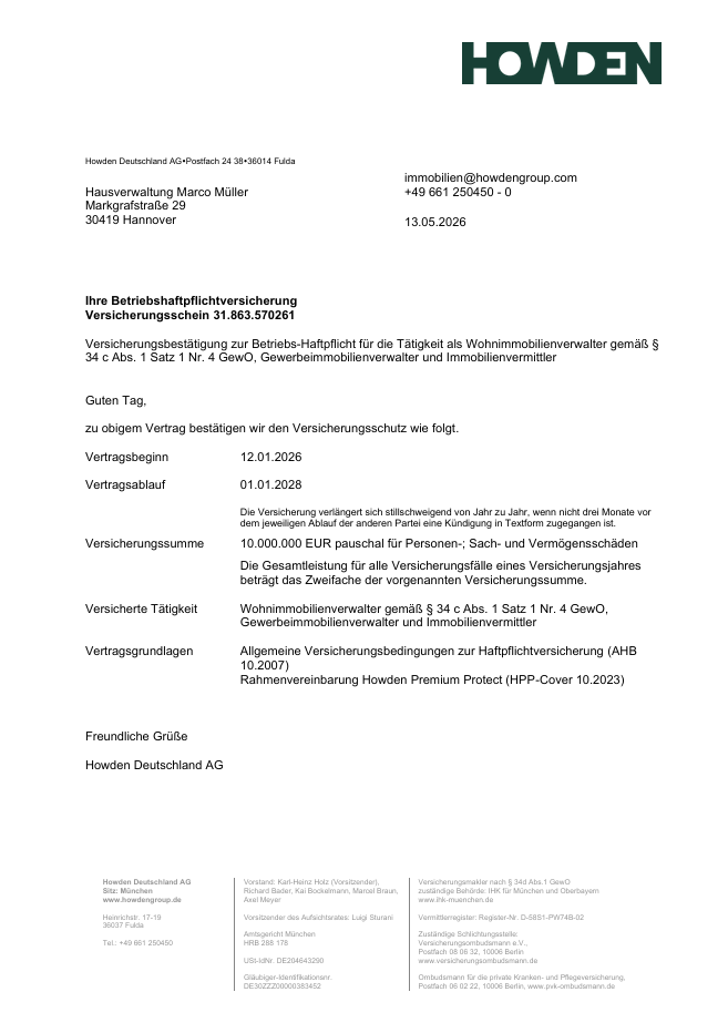 Nachweis Betriebshaftpflichtversicherung